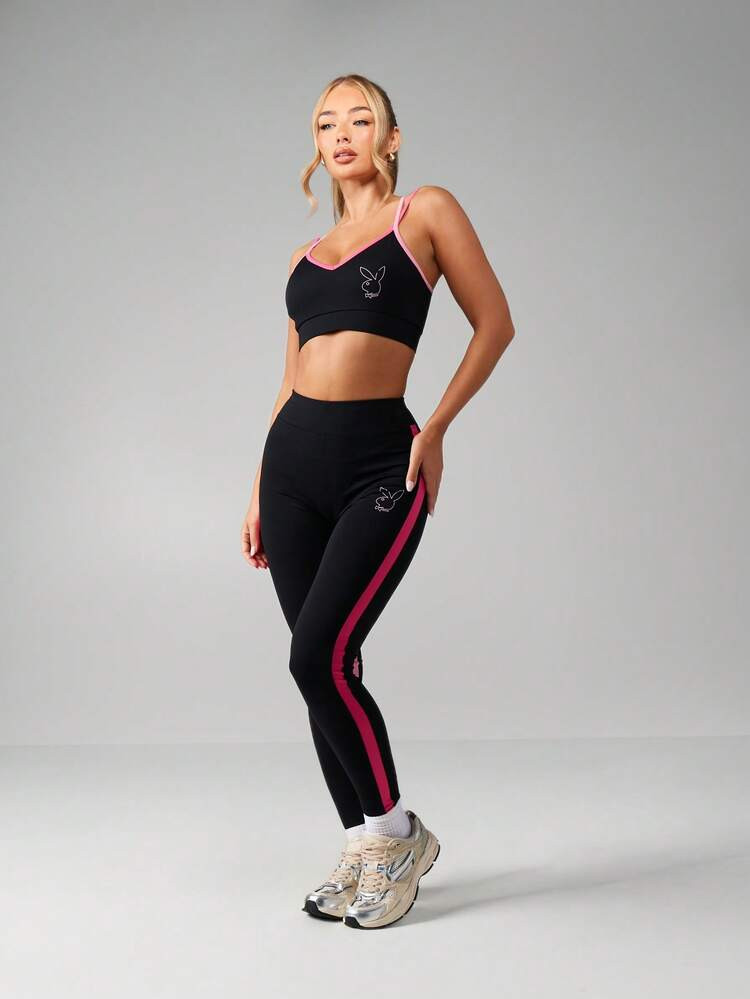 Missguided X Playboy Two Piece Contrast Trim Sports Bra And Leggings Set With Bunny Logo Athletic Wear | SHEIN