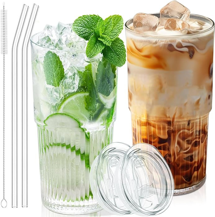 18.5oz Glass Cups with Lids and Straws - Set of 2 Reusable Tumblers, Thickened Shatter-Resistant ... | Amazon (US)