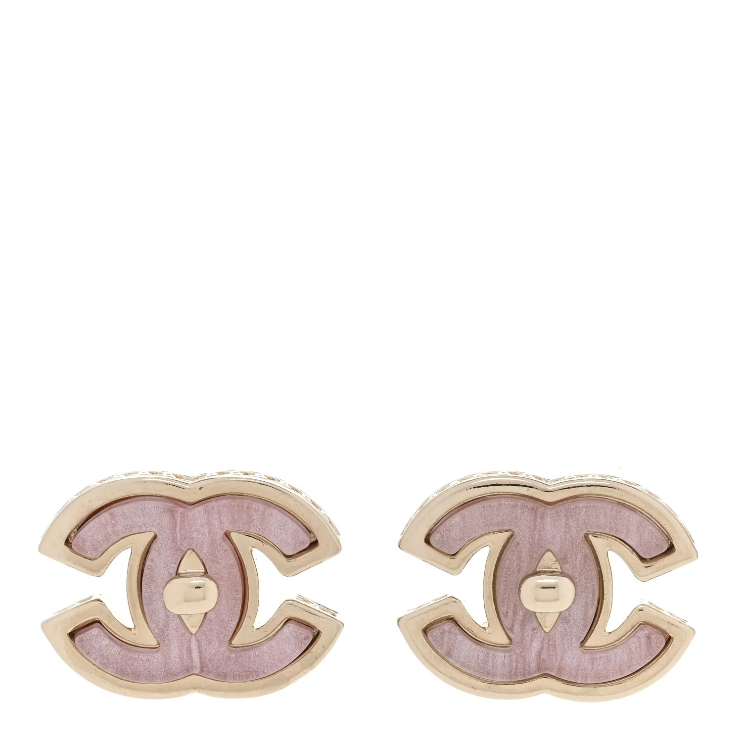 Metal Resin CC Turnlock Stud Earrings Gold Pink | FASHIONPHILE (US)