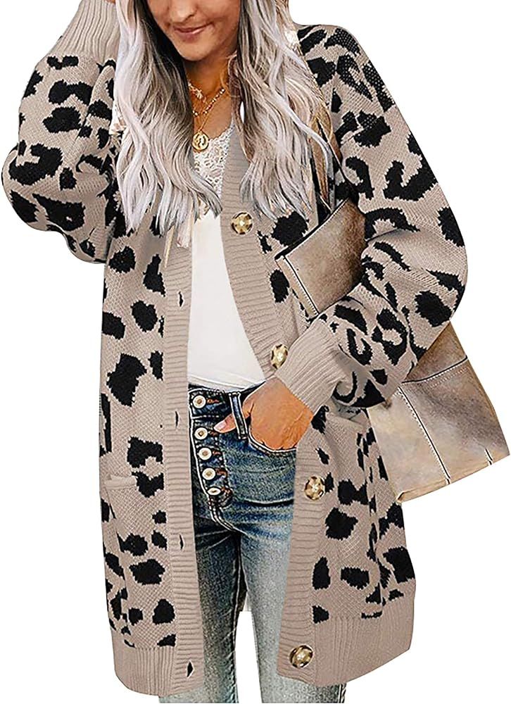 BTFBM Women Chic Leopard Print Cozy Sweater Pockets Button Down Open Front Loose Knitted Long Car... | Amazon (US)