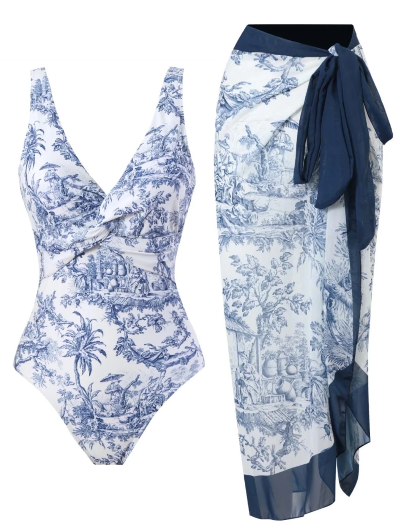 BERANMEY Women's Tropical Print One Piece Swimsuit with Cover up Beach Skirt Sarong Two Piece Flo... | Walmart (US)