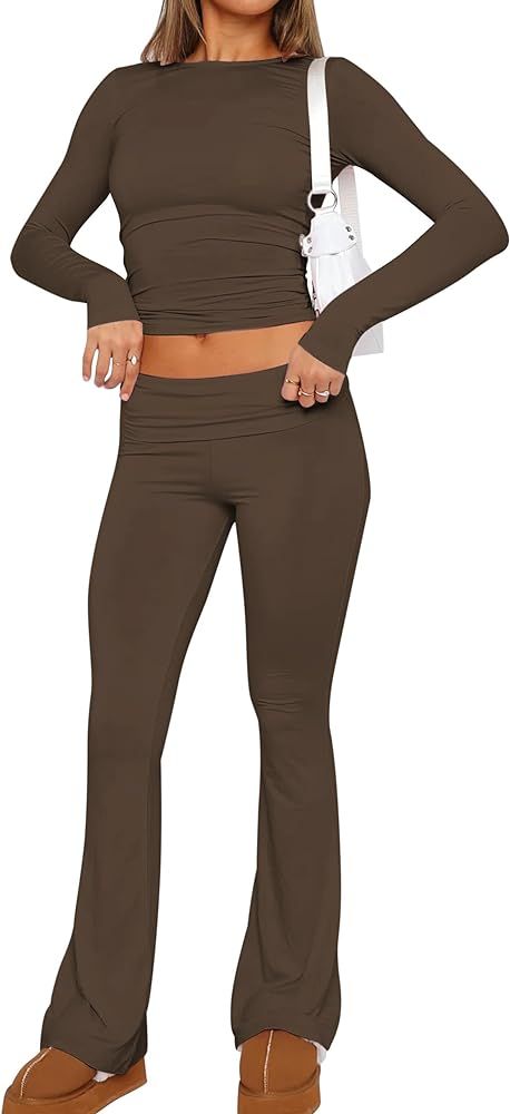 Women’s 2 Piece Outfit Solid Basic Long Sleeve Crop Top And Flared Leggings Low Waisted Yoga Pa... | Amazon (US)