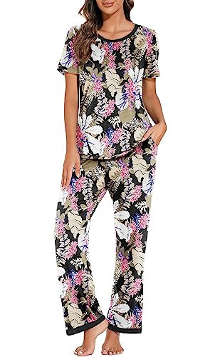 PrinStory Pajama Sets for Women 2 Piece Lounge Set Pjs Sets for Women 2 Piece Pj Sets with Pockets FP-Big Leaf Pink-XL | Amazon (US)