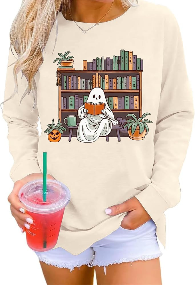 VILOVE Halloween Spooky Sweatshirt Women: Ghost Reading Books Shirt Cute Halloween Teacher Sweats... | Amazon (US)