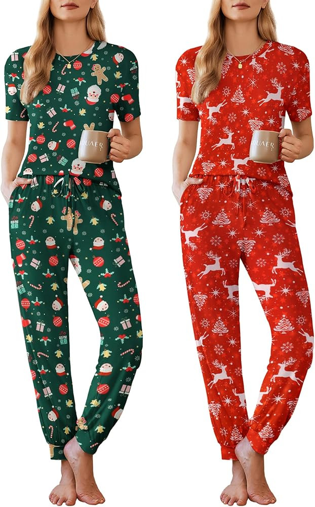 Ekouaer 2 Pack Womens Pajama Sets Short Sleeve Tops Jogger Pants Lounge Sets Soft Loungewear Prin... | Amazon (US)