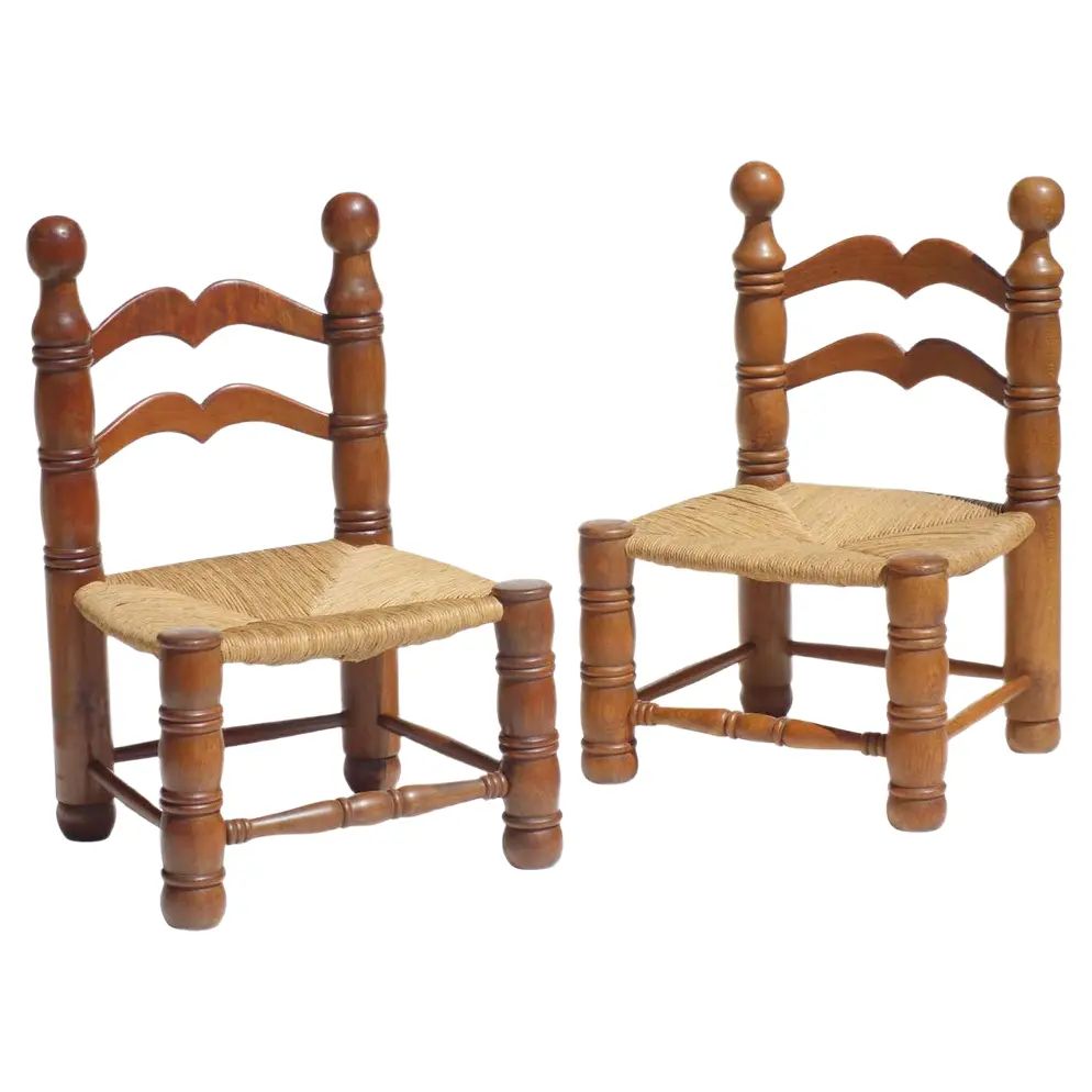 Wicker and Oak Chairs by Charles Dudouyt, 1940s, Set of 2 | Chairish