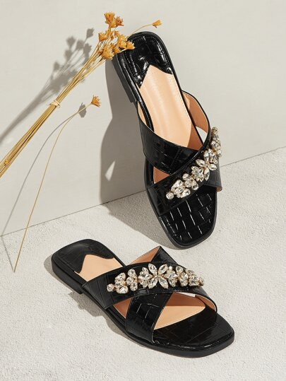 Croc Embossed Jewelled Decor Slide Sandals | SHEIN
