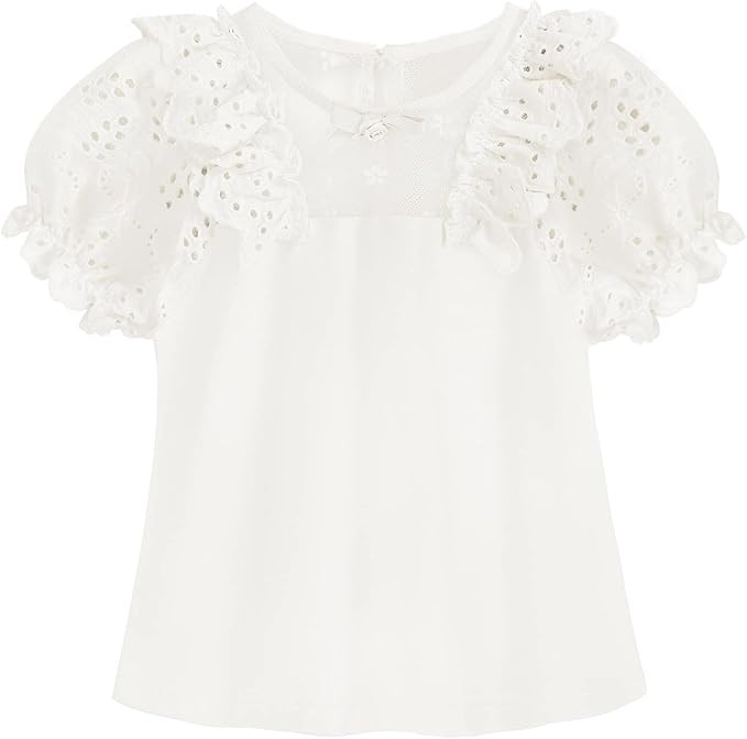 Girl's Ruffle Trim Top Kids Puff Sleeve Mesh T Shirt with Bow 6-12 Years | Amazon (US)