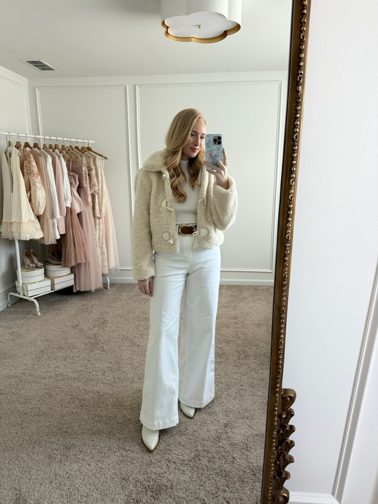 Cute monochromatic date night look! Wearing size small in the top and Spanx wide leg jeans. Recommend sizing up in the jeans if in between sizes. Use my code AMANDAJOHNXSPANX for 20% off your first Spanx order. Winter outfits // transitional outfits // date night outfits // monochromatic outfits // wide leg jeans // white jeans // Spanx jeans 

#LTKParties #LTKSeasonal #LTKStyleTip
