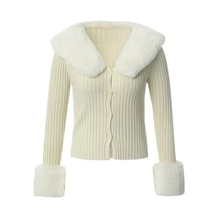 Listenwind Women s Knit Rib Cardigans Sweaters Fur Trim Collar Long Sleeve Jumpers Autumn Winter Ele | Walmart (US)