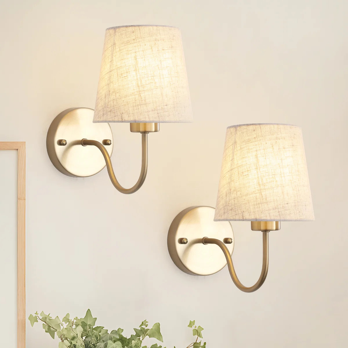 Iknoor Dimmable Rustic Bath Sconce Wall Light with Linen Beige Fabric Lampshade, Brass Wall Sconc... | Wayfair North America