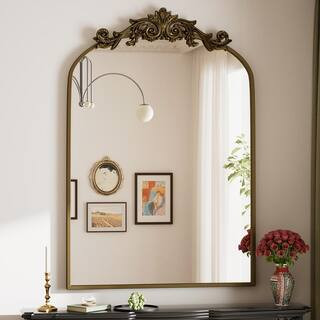 30 in. W x 40 in. H Modern Arched Brown Metal Framed with Carved Decoration Vanity Wall Mirror | The Home Depot