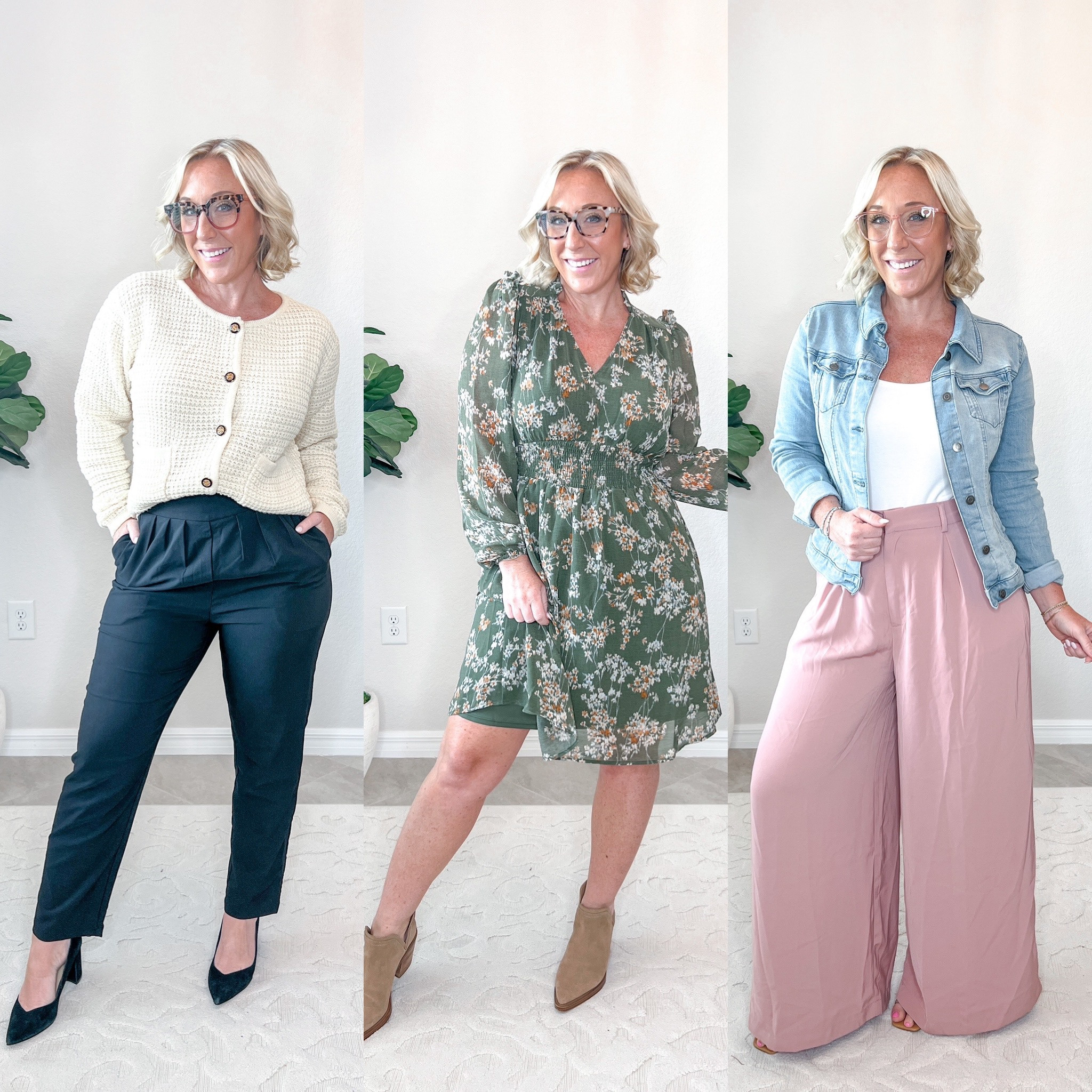 Peepers blue-light & reading glasses: (code LESLIEJULY for 15% off)
1st - Showbiz (blue light reading)
2nd - Impromptu (blue light reading)
3rd - Wren (progressive blue light)

Outfits:
Cardigan - size medium.
Black pants - size medium (pull on).
Green dress - size small.
Jean jacket - size small.
Bodysuit - size medium.
Pink trousers - size medium.


#LTKworkwear #LTKunder50 #LTKstyletip