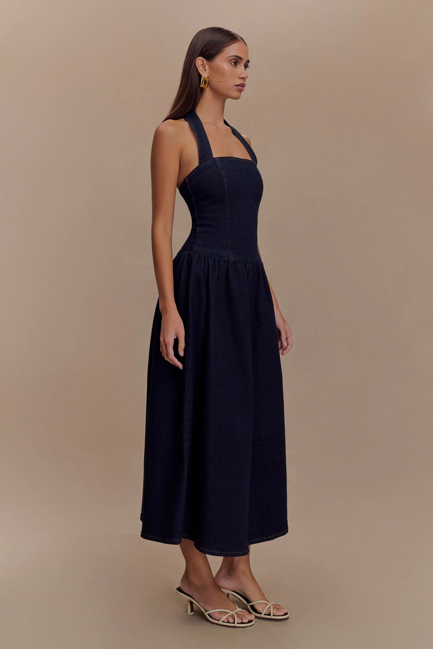 Caroline Denim Halter Midi Dress - Indigo Blue | Meshki (APAC)