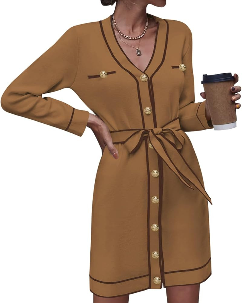 Pink Queen Women's Long Sleeve Button Down Sweater Dress Elegant V Neck Open Front Color Block Kn... | Amazon (US)