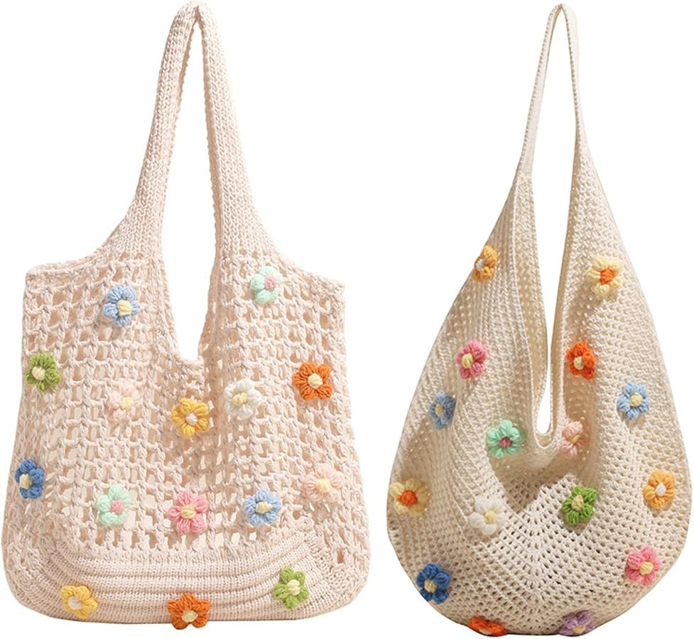 Boho Crochet Beach Bag with Cute Flower, Preppy Knit Tote Bag for Women Summer Vacation Travel | Amazon (US)