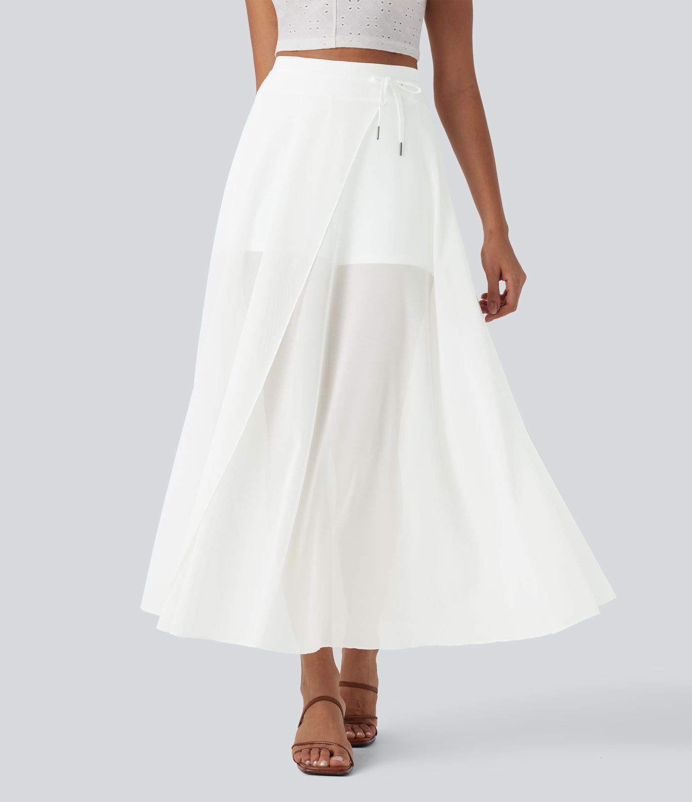 Women\u2019s High Waisted Drawstring Contrast Mesh 2-in-1 Pocket Flowy Maxi Flare Casual Skirt - ... | HALARA