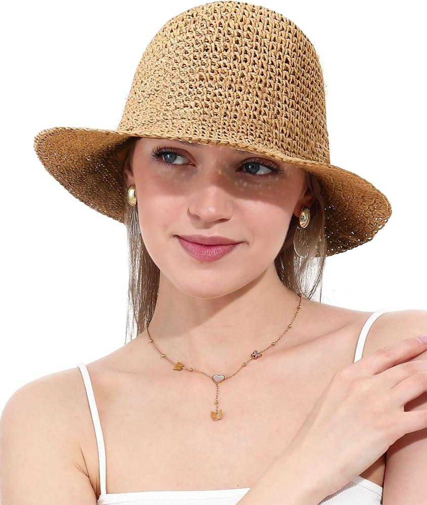 Womens Straw Sun Hat Wide Brim Hand Woven Foldable Beach Bucket Hat for Summer Travel UV Protecti... | Amazon (US)