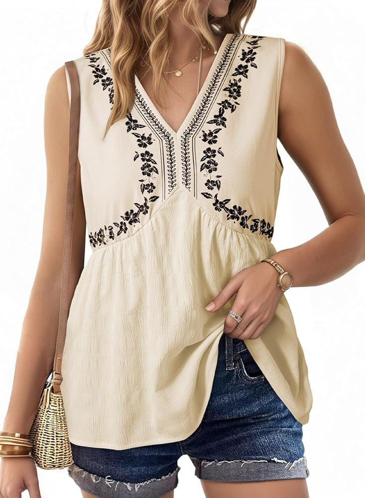 Dokotoo Summer Tank Tops for Women Casual V Neck Sleeveless Floral Print Shirts Loose Color Block... | Amazon (US)