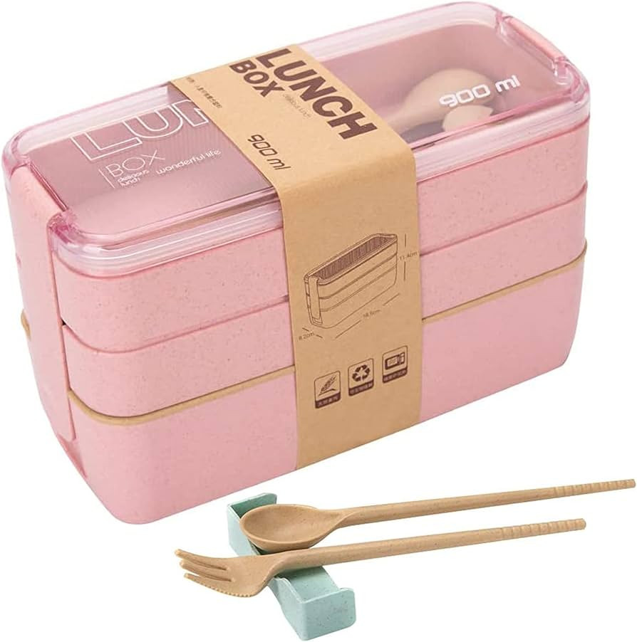 Rarapop Pink Stackable Bento Box Japanese Lunch Box Kit with Spoon & Fork, 3-In-1 Compartment Whe... | Amazon (US)