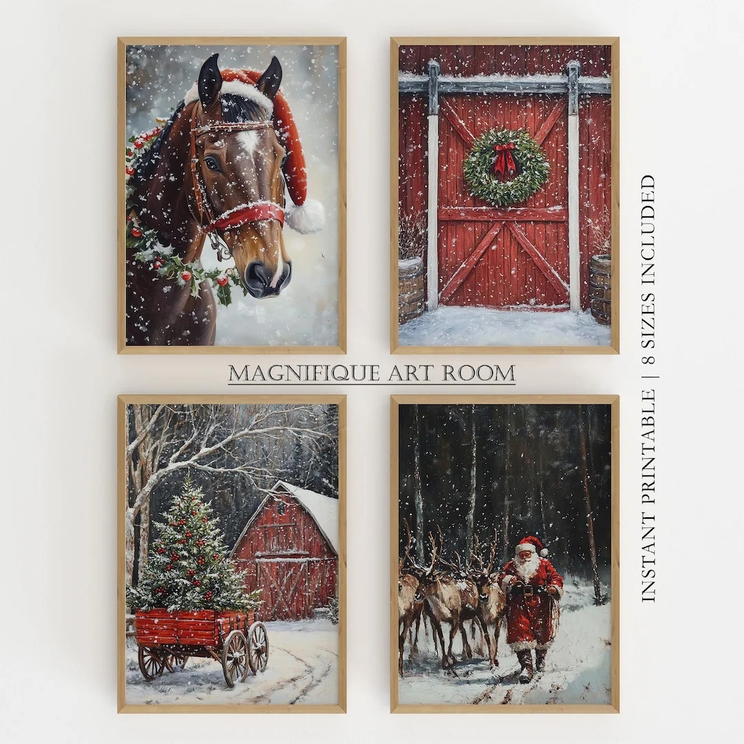 Printable Vintage Christmas Wall Art Set: Rustic Horse, Barn, Santa Print, Winter Holiday Farmhou... | Etsy (US)