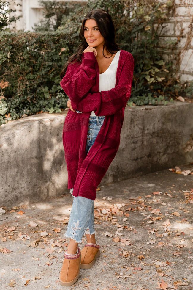 I Need You Maroon Fuzzy Textured Long Cardigan | Pink Lily