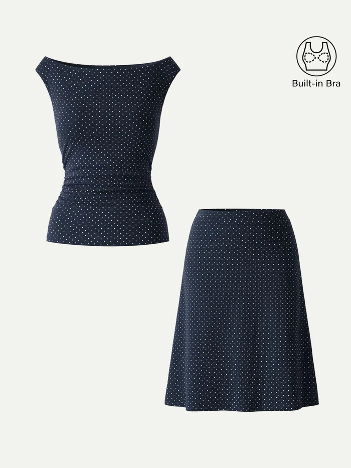 2Pcs Set Polka Dot Boatneck Bra Top & A-Line Flare Skirt Limited Edition | OGLmove