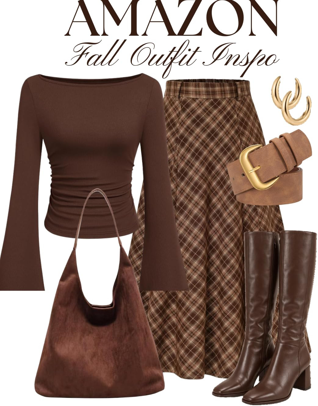 Chic Fall Outfit Idea | Brown Plaid Midi Skirt & Knee-High Boots 🍂 Looking for a stylish fall outfit that's both comfortable and chic? This chocolate brown bell sleeve top paired with a brown plaid midi skirt and knee-high leather boots is the perfect autumn look! Ideal for fall brunch, date nights, Thanksgiving outfits, casual workwear, and everyday fall fashion. Love these rich chocolate brown tones for the season! #FallOutfit #FallFashion #FallOutfitIdeas #PlaidSkirt #MidiSkirt #BrownOutfit #ChocolateBrown #FallStyle #AutumnFashion #KneeHighBoots #FallBoots #FallWardrobe #FallEssentials #CasualChic #ThanksgivingOutfit #FallDateNight #FallOOTD #FashionOver40 #AffordableFashion #affiliate