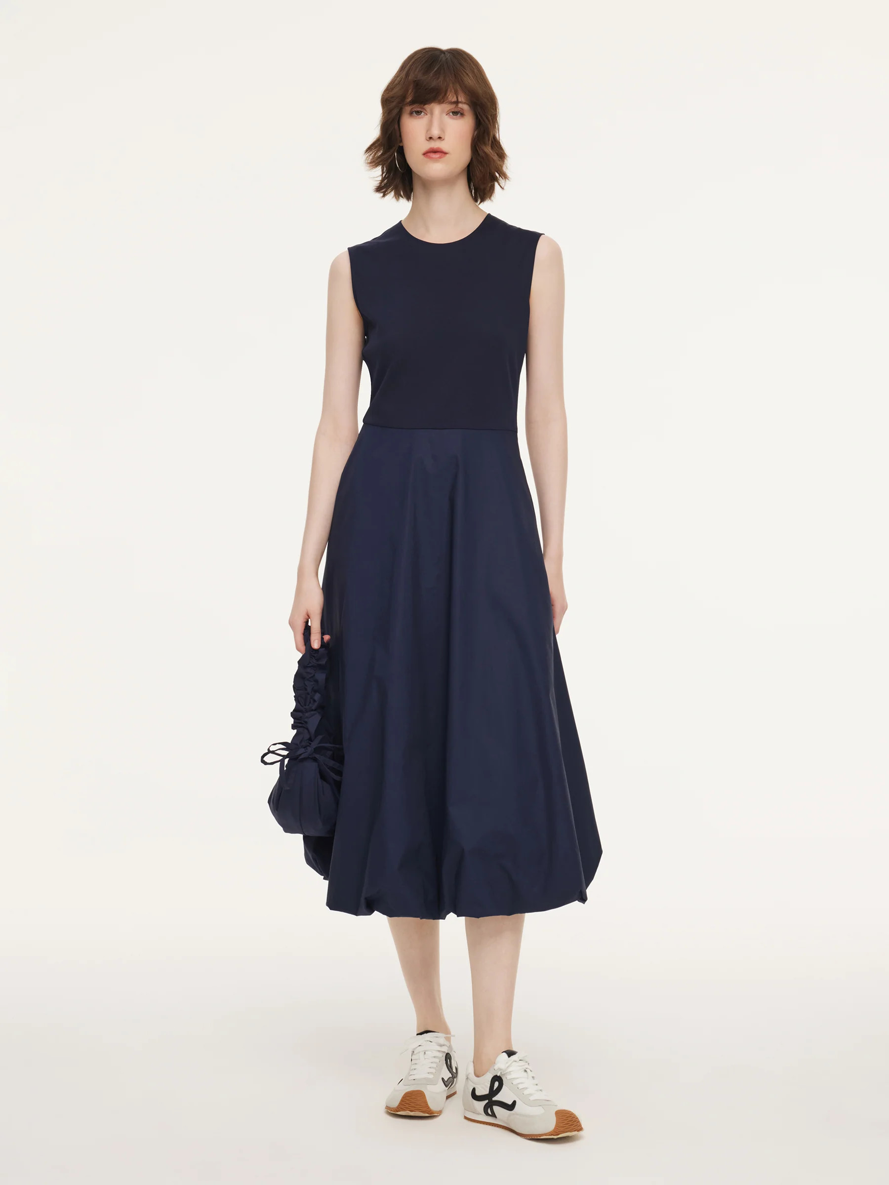 Dark Navy Bubble Hem Women Sleeveless Maxi Dress With Bag | GOELIA