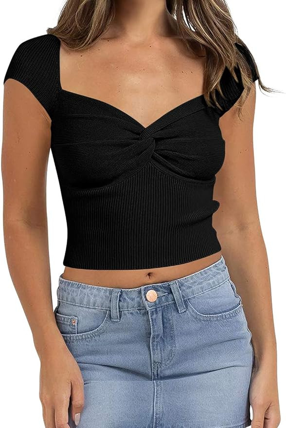 MISSACTIVER Women’s Twist Knot Sweetheart Neck Crop Top Sexy Short Sleeve Ribbed Knit Slim Fit ... | Amazon (US)