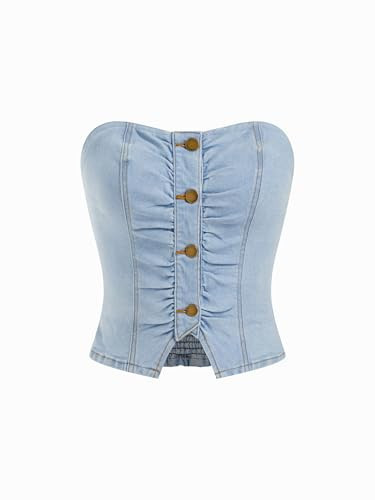 CIDER Denim Tube Tops for Women Going Out Button Down Crop Jean Top Trendy Summer Cowgirl Concert Outfits Y2K Fashion | Amazon (US)