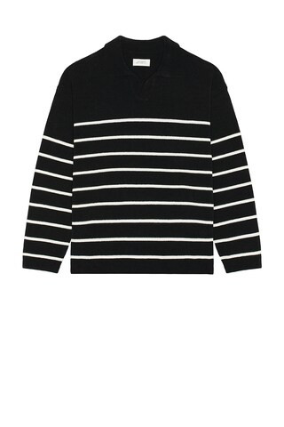 SATURDAYS NYC Mole Yarn Stripe Skipper Knit Polo in Black - Black. Size S (also in L, M, XL/1X). | FWRD 