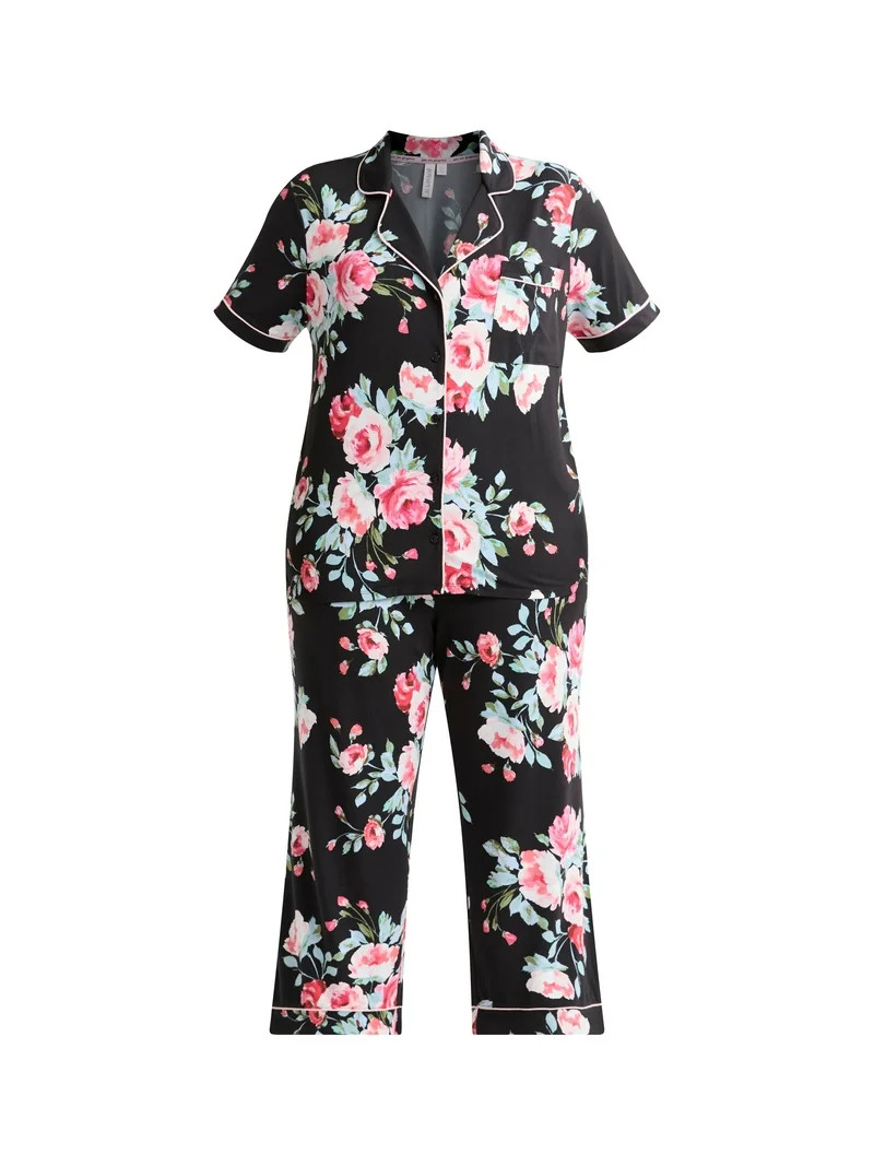 Joyspun Women's Dreamy Soft Collection Notch Collar Short Sleeve Knit Top & Capri Pajama Set, 2-P... | Walmart (US)