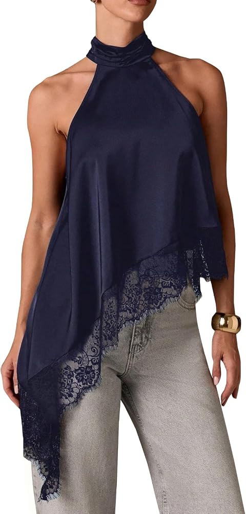 Women Satin Halter Top Y2K Mock Neck Lace Trim Asymmetrical Hem Tank Top Sleeveless Going Out Cro... | Amazon (US)