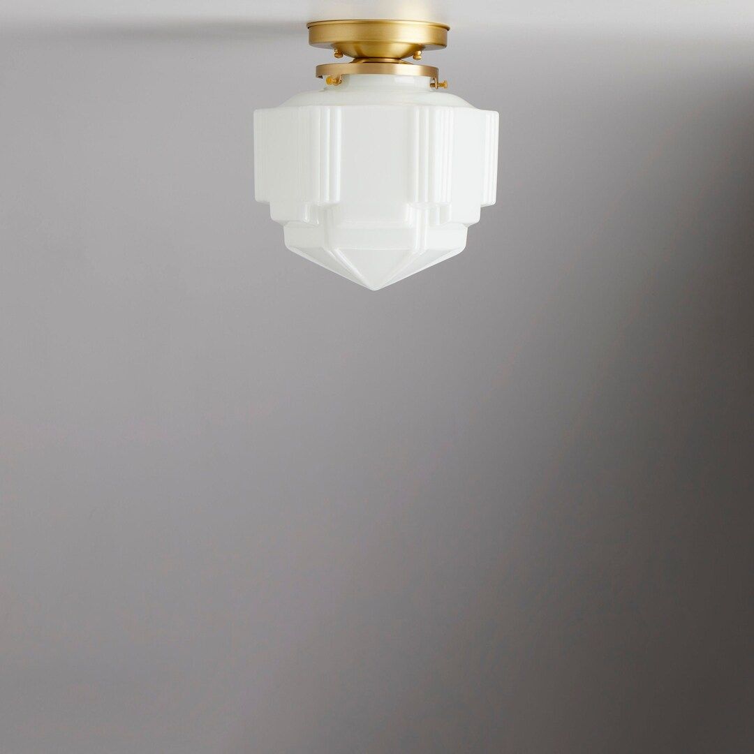 Art Deco - flush mount - ceiling fixture -  skyscraper -  Brass light fixture - White  glass | Etsy (US)