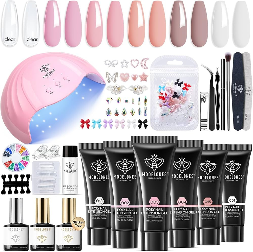 Modelones Poly Nail Gel Kit, 6 Colors Poly Extension Gel Clear Pink White with 48W Nail Lamp 3D N... | Amazon (US)