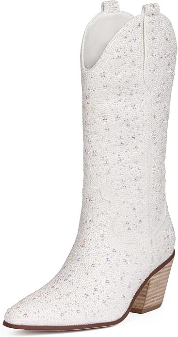 MUCCCUTE Women's Rhinestone Mid Calf Boots Sparkly Block Heel Cowboy Boots Glitter Boots | Amazon (US)