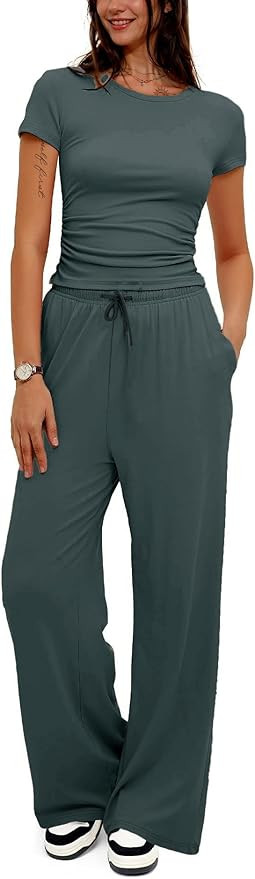 LICOBOD Comfy vacation travel biker Lounge sets 2 piece outfits for women shorts casual Workout T... | Amazon (US)