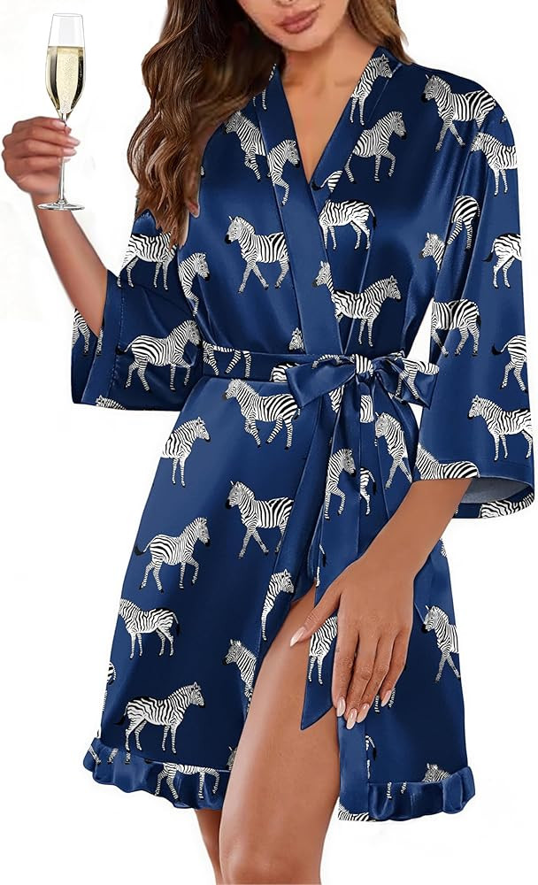 Ekouaer Women's Satin Robes Silk Kimono Bath Robe Short Ruffled Hem Bride Bridesmaid Sleepwear wi... | Amazon (US)
