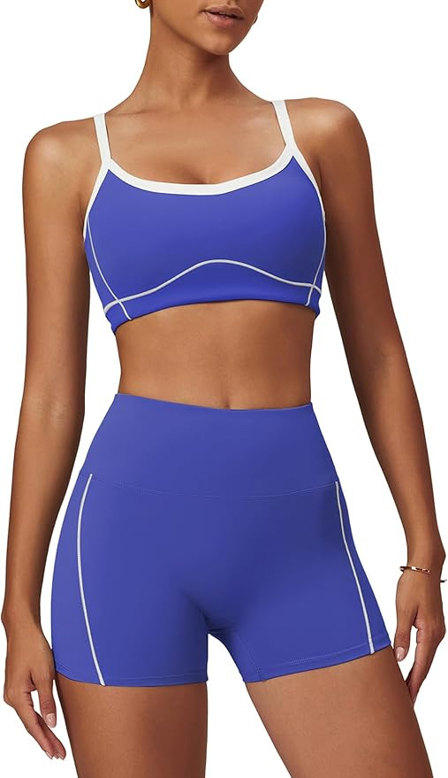 Two Piece Women Workout Sets Color Block Sports Bra and Scrunch Butt Lifting Shorts Gym Yoga Acti... | Amazon (US)
