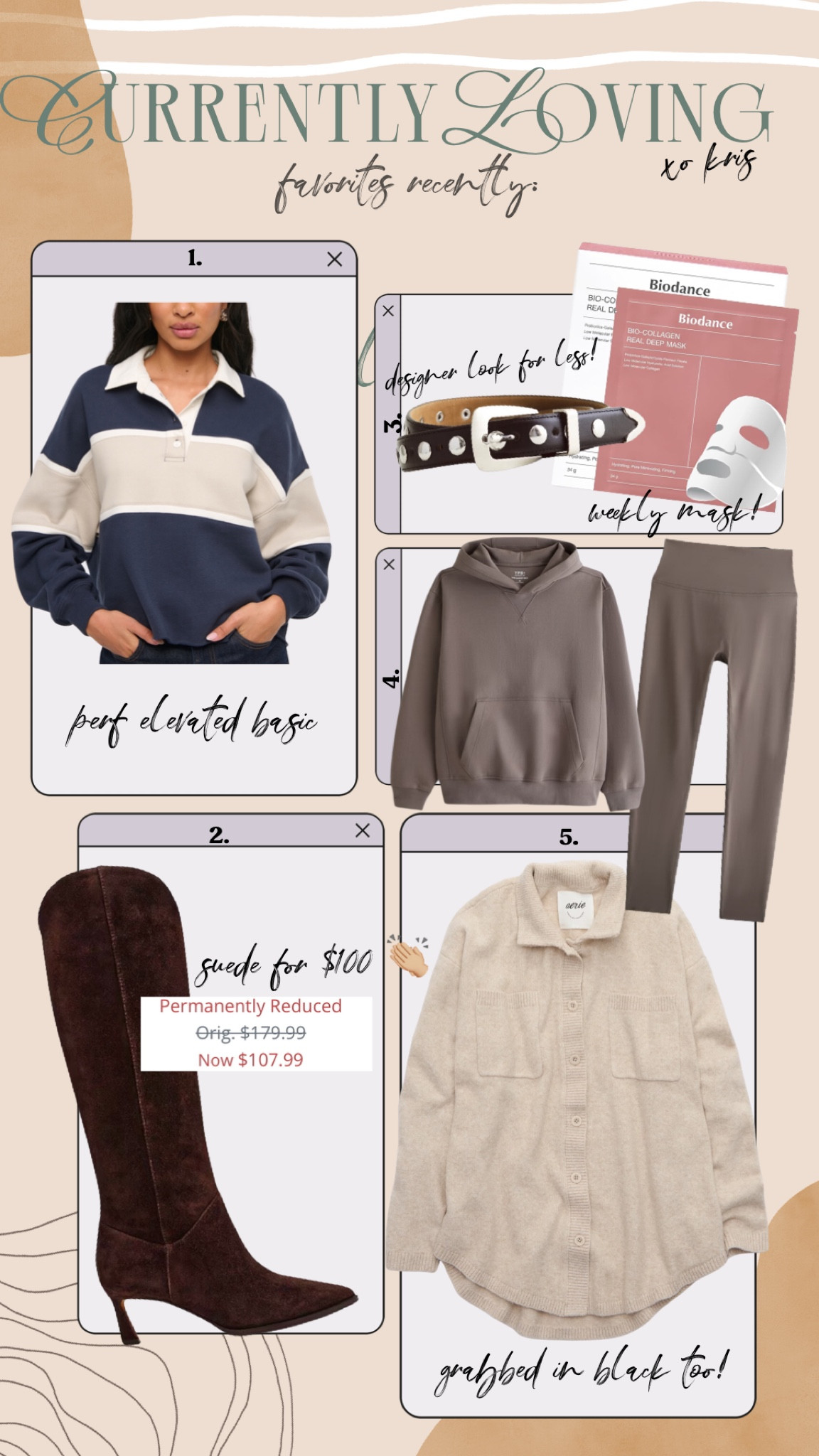 My current favorites! XS all around but the polo I did a small! Xxs/xs belt! Looks designer but only $40. The face mask has been a fave for 6+ months and leaves your skin soft as a baby’s bum.

#LTKSaleAlert #LTKFindsUnder50 #LTKFindsUnder100