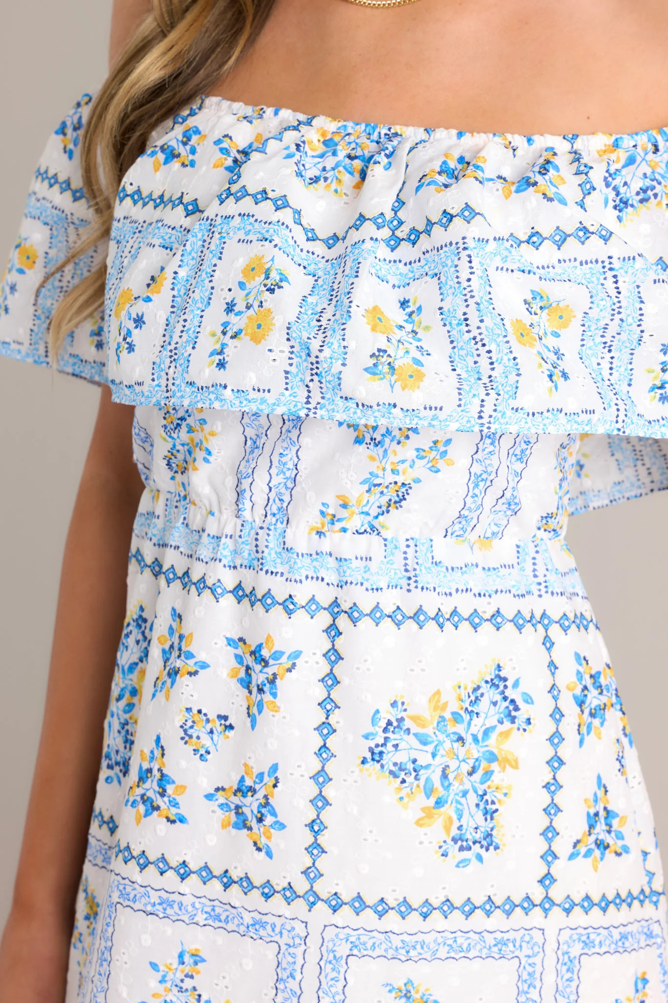 Sweet Serenity White & Blue Off The Shoulder Embroidered Maxi Dress | Red Dress