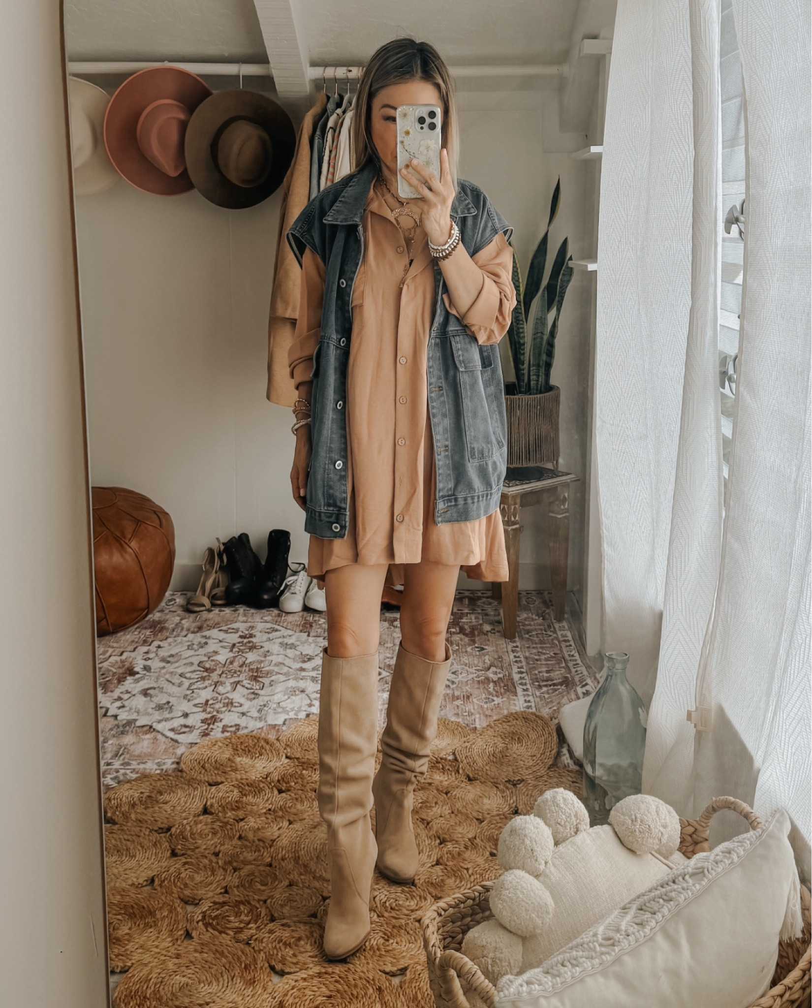 Petite friendly button down dress that’s a little longer in the back. Looks so cute with this oversized vest and knee high boots. 

#LTKfindsunder100 #LTKfindsunder50 #LTKstyletip