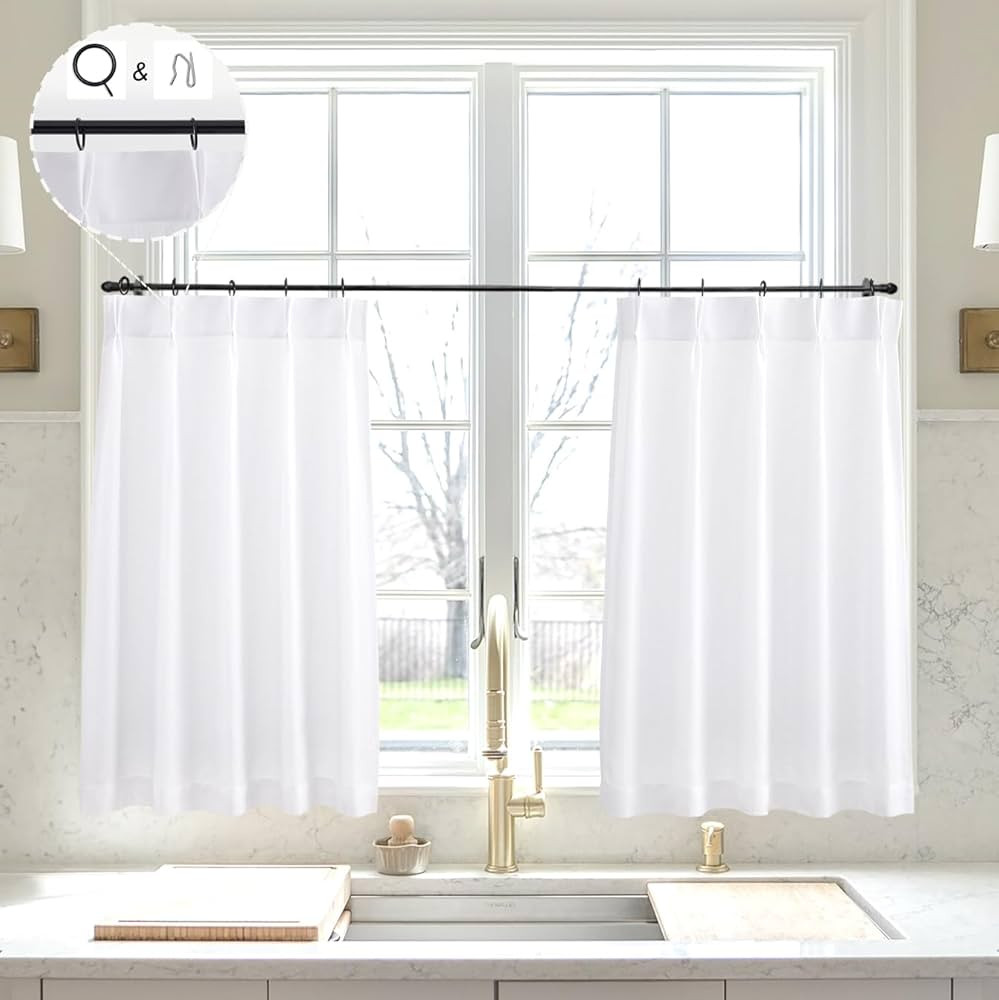 White Linen Kitchen Curtains 30 inch Length Pinch Pleat Cafe Curtains | Amazon (US)
