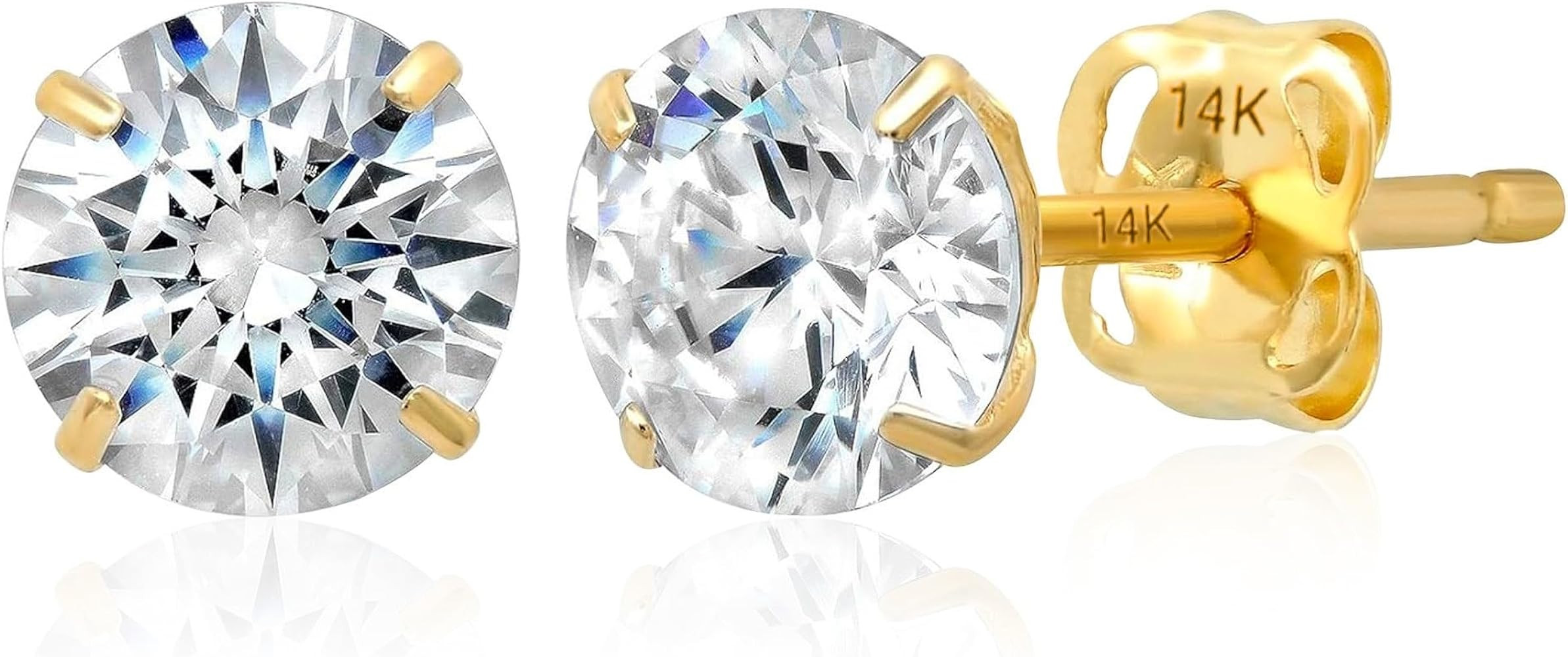 14k Gold Solitaire Round Cubic Zirconia Earrings Studs for Women & Men | Anti Tarnishing CZ Stud ... | Amazon (US)