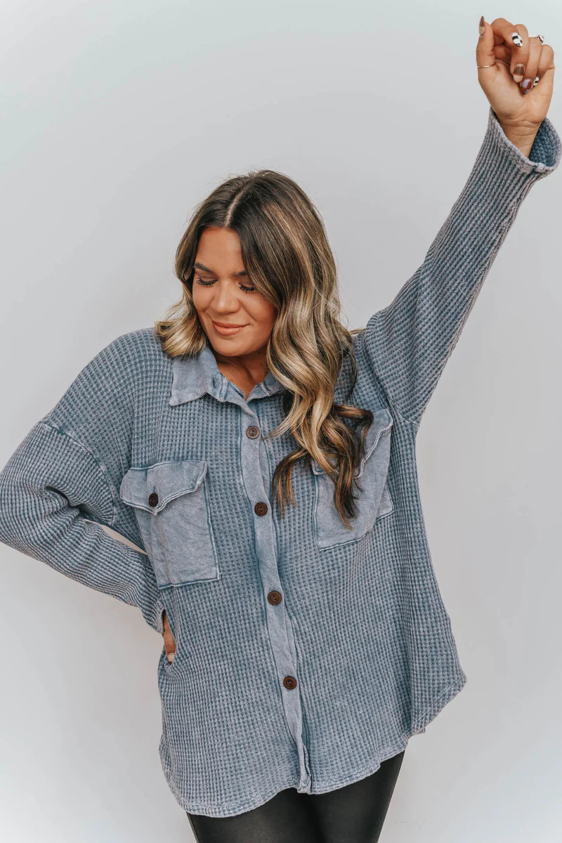Hiking Hair, Don't Care Denim Blue Vintage Wash Waffle Knit Shacket | Apricot Lane Boutique