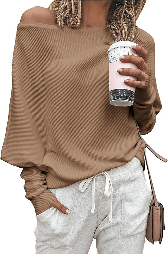 Zenlonr Women's Fall Sweaters 2026 Casual Long Batwing Sleeve Loose Off Shoulder Knit Pullovers J... | Amazon (US)