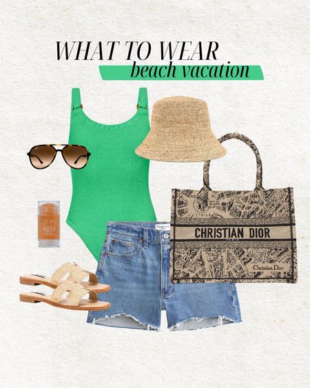 Beach vacation outfit idea 💚 love the color of this bright green one piece swimsuit! 

Resort wear, beach vacation outfit; hunza g, one piece swimsuit, mom swimsuit, mom style, denim shorts, Abercrombie, beach bag, designer beach bag, Dior bag, Abercrombie shorts, bucket hat, aviators, spring break outfit; summer outfit, beach outfit; pool outfit, revolve, Christine Andrew 

#LTKfindsunder100 #LTKtravel #LTKswim