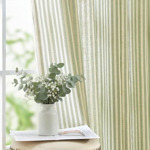jinchan Linen Curtains for Living Room Green on Beige Striped Curtains for Bedroom Ticking Stripe... | Amazon (US)