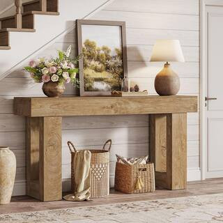 Turrella 63 in. W Light Brown Rectangle Wood Sofa Console Table, Farmhouse Behind Couch Table for... | The Home Depot